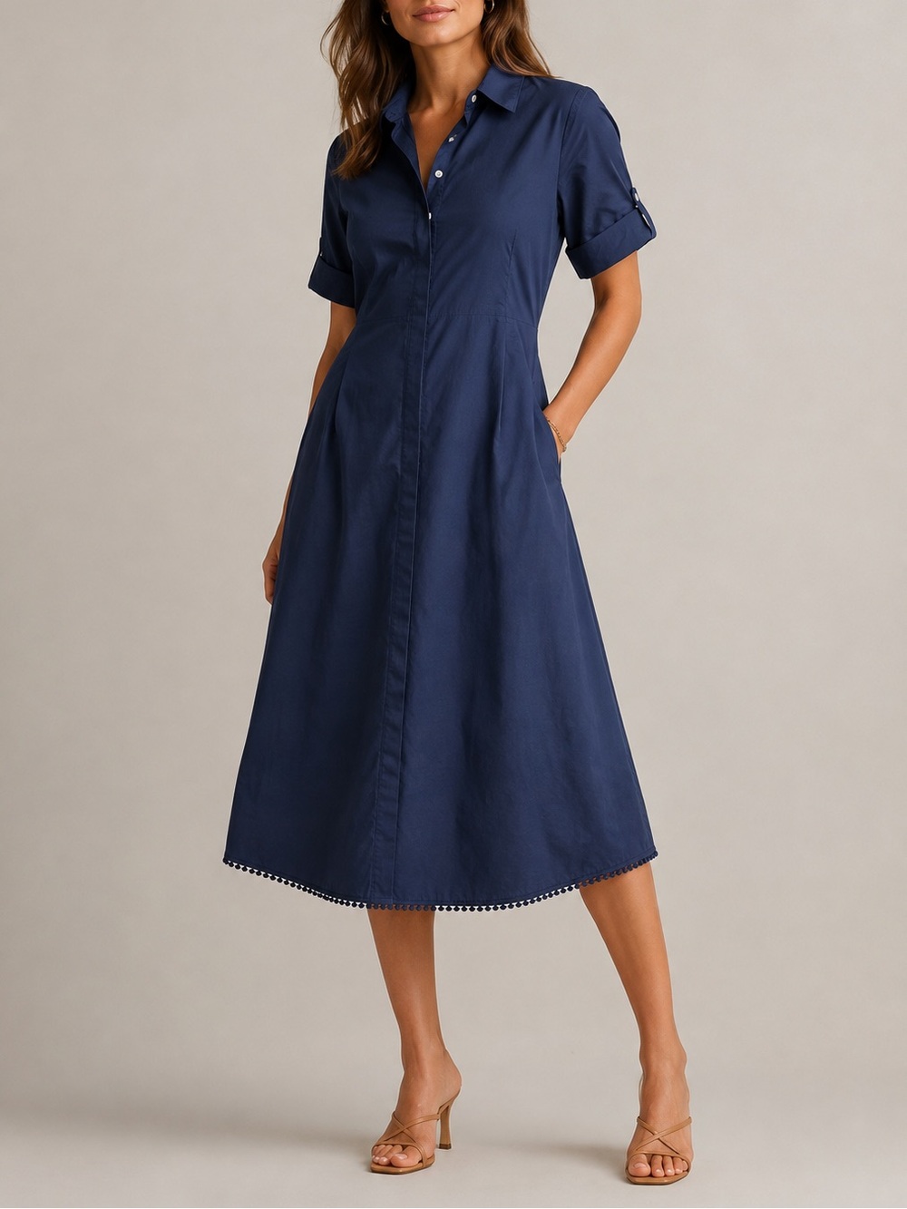 Perlavera Cotton Gigi Shirt Midi Dress Size S Navy Blue Button-Down A-Line